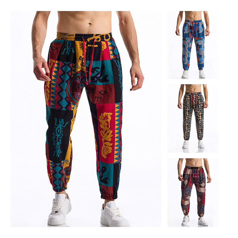 Running Pant Jogger - Men's Boho Tribal Print Linen Pants